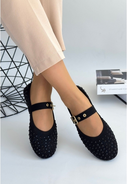 LQZ Shoes Olise Siyah Boncuk İşlemeli Babet Ayakkabı