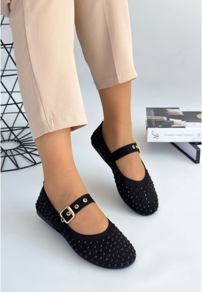 LQZ Shoes Olise Siyah Boncuk İşlemeli Babet Ayakkabı