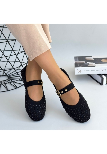 LQZ Shoes Olise Siyah Boncuk İşlemeli Babet Ayakkabı