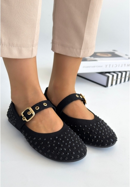 LQZ Shoes Olise Siyah Boncuk İşlemeli Babet Ayakkabı