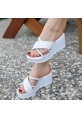LQZ Shoes Pamela Beyaz Cilt Dolgu Topuk Terlik