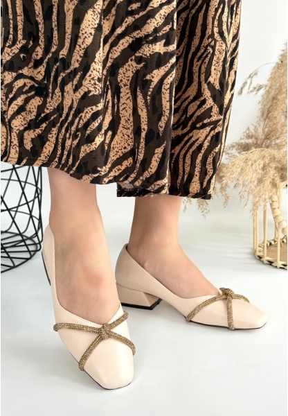 LQZ Shoes Pety Bej Cilt Topuklu Ayakkabı