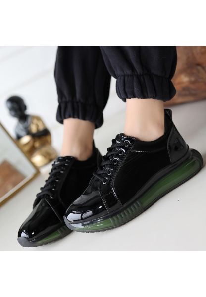 LQZ Shoes Piona Siyah Rugan Yeşil Tabanlı Spor Ayakkabı