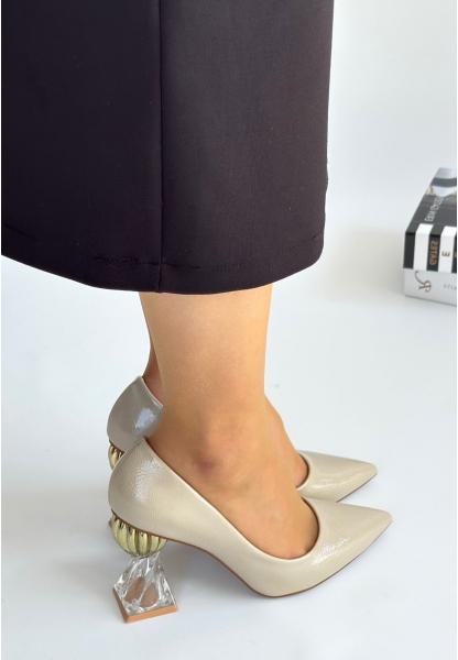 LQZ Shoes Pioni Bej Rugan Topuklu Ayakkabı