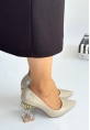 LQZ Shoes Pioni Bej Rugan Topuklu Ayakkabı