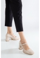 LQZ Shoes Puar Bej Rugan Topuklu Ayakkabı