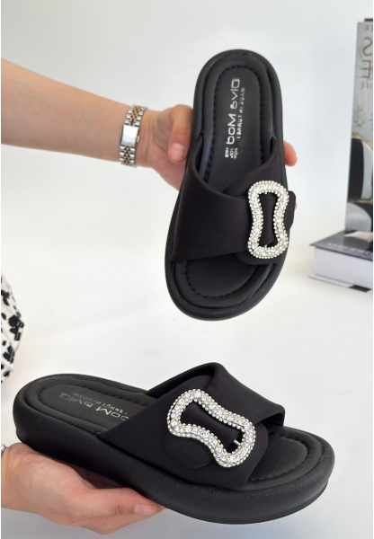 LQZ Shoes Rale Siyah Streç Tokalı Terlik