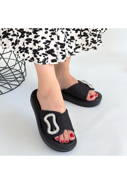 LQZ Shoes Rale Siyah Streç Tokalı Terlik