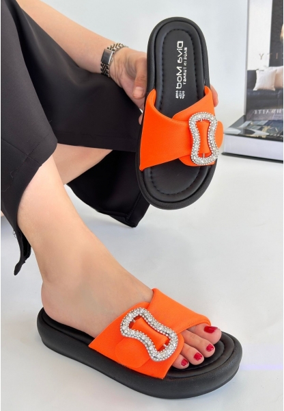 LQZ Shoes Rale Turuncu Saten Tokalı Terlik