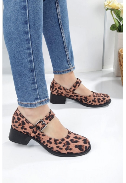 LQZ Shoes Reos Leopar Cilt Topuklu Babet Ayakkabı