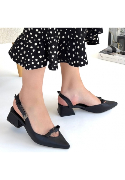 LQZ Shoes Rewat Siyah Cilt Topuklu Ayakkabı