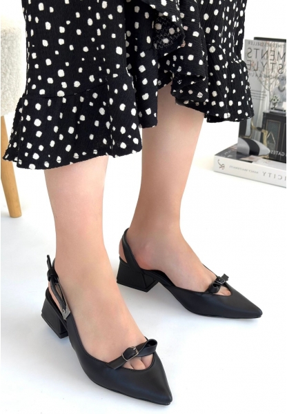 LQZ Shoes Rewat Siyah Cilt Topuklu Ayakkabı