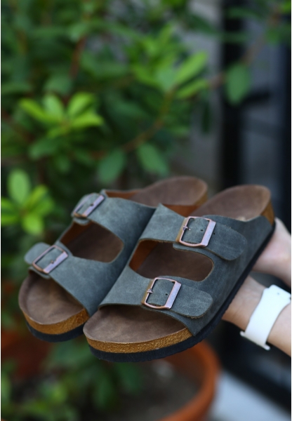 LQZ Shoes Rıno Haki Yeşil Nubuk Terlik