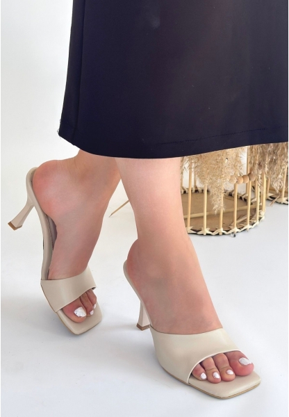 LQZ Shoes Riwet Bej Cilt Topuklu Terlik