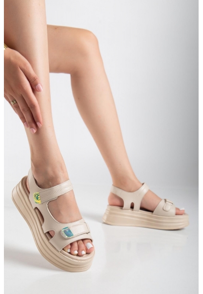 LQZ Shoes Saide Bej Cilt Cırt Cırtlı Sandalet