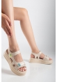 LQZ Shoes Saide Bej Cilt Cırt Cırtlı Sandalet