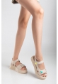 LQZ Shoes Saide Bej Cilt Cırt Cırtlı Sandalet