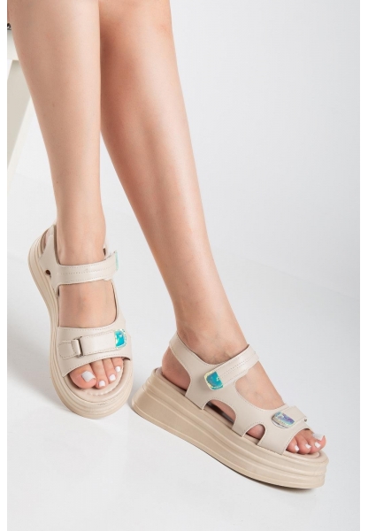 LQZ Shoes Saide Bej Cilt Cırt Cırtlı Sandalet