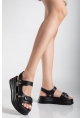 LQZ Shoes Saide Siyah Cilt Cırt Cırtlı Sandalet