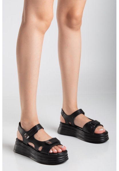 LQZ Shoes Saide Siyah Cilt Cırt Cırtlı Sandalet