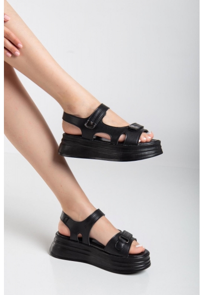 LQZ Shoes Saide Siyah Cilt Cırt Cırtlı Sandalet