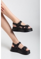 LQZ Shoes Saide Siyah Cilt Cırt Cırtlı Sandalet
