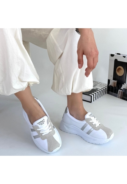 LQZ Shoes Shat Beyaz Cilt Gri Şeritli Spor Ayakkabı