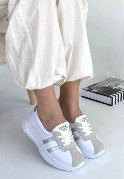 LQZ Shoes Shat Beyaz Cilt Gri Şeritli Spor Ayakkabı