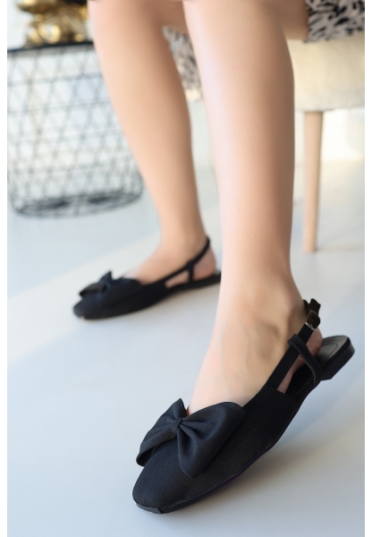 LQZ Shoes Sıarı Siyah Saten Fiyonklu Babet Ayakkabı