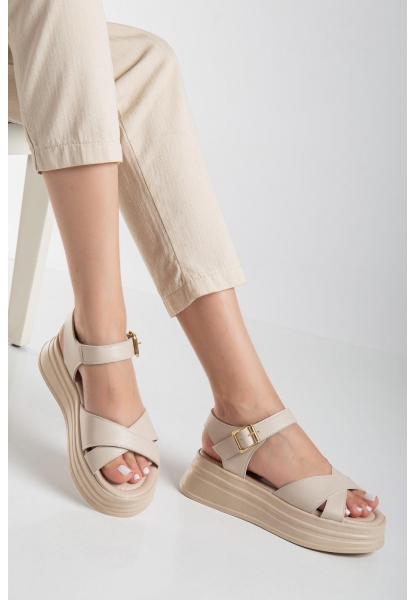 LQZ Shoes Sibna Bej Cilt Kemerli Sandalet