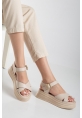 LQZ Shoes Sibna Bej Cilt Kemerli Sandalet