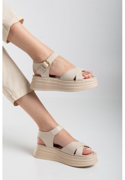 LQZ Shoes Sibna Bej Cilt Kemerli Sandalet
