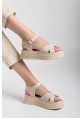 LQZ Shoes Sibna Bej Cilt Kemerli Sandalet