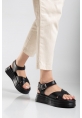 LQZ Shoes Sibna Siyah Cilt Kemerli Sandalet