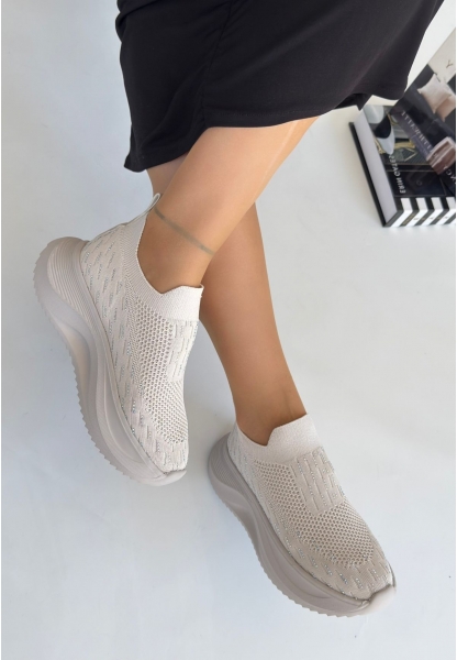 LQZ Shoes Soord Bej Triko Boncuk İşlemeli Spor Ayakkabı