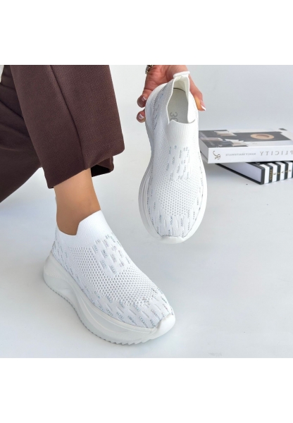 LQZ Shoes Soord Beyaz Triko Boncuk İşlemeli Spor Ayakkabı