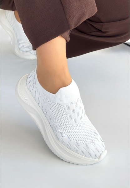 LQZ Shoes Soord Beyaz Triko Boncuk İşlemeli Spor Ayakkabı