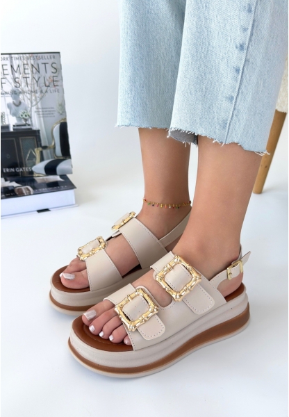LQZ Shoes Stan Bej Cilt Sandalet