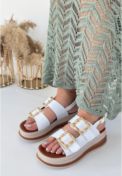 LQZ Shoes Stan Beyaz Cilt Sandalet