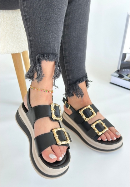 LQZ Shoes Stan Siyah Cilt Sandalet