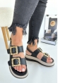 LQZ Shoes Stan Siyah Cilt Sandalet