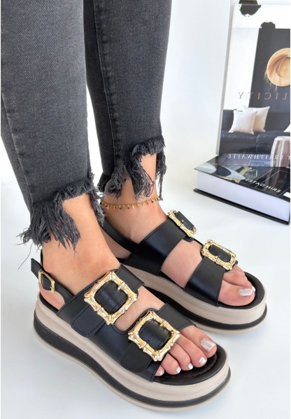 LQZ Shoes Stan Siyah Cilt Sandalet