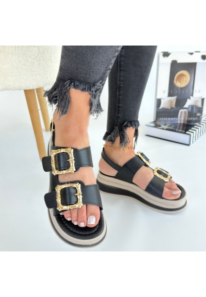 LQZ Shoes Stan Siyah Cilt Sandalet