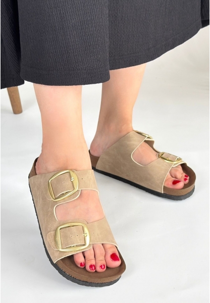 LQZ Shoes Tanta Bej Nubuk Tokalı Terlik