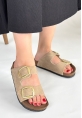 LQZ Shoes Tanta Bej Nubuk Tokalı Terlik