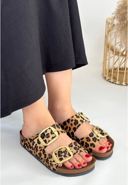 LQZ Shoes Tanta Leopar Süet Tokalı Terlik