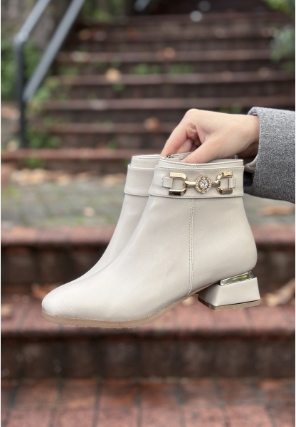 LQZ Shoes Terci Bej Cilt Topuklu Bot