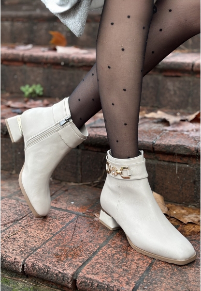 LQZ Shoes Terci Bej Cilt Topuklu Bot