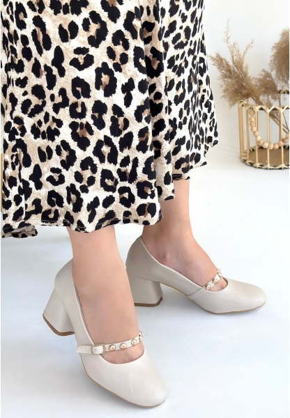 LQZ Shoes Tino Bej Cilt Topuklu Ayakkabı
