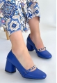 LQZ Shoes Tino Mavi Cilt Topuklu Ayakkabı